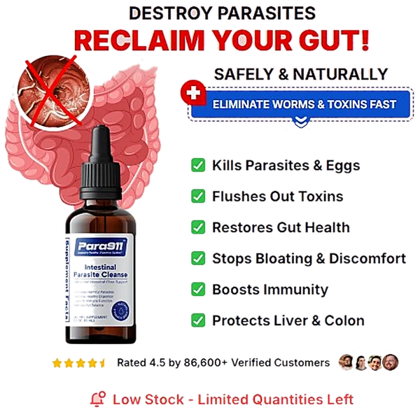 Para911 product promotional banner with supplement bottle and key features on transparent background