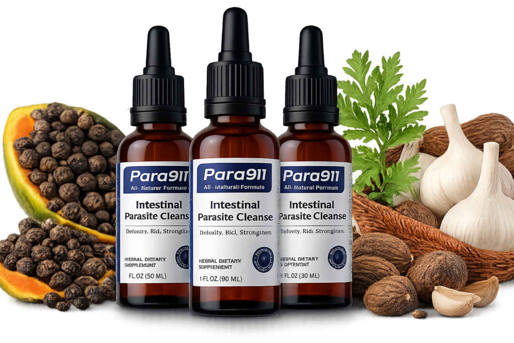 Para911 intestinal parasite cleanse supplement bottles with natural herbal ingredients on transparent background